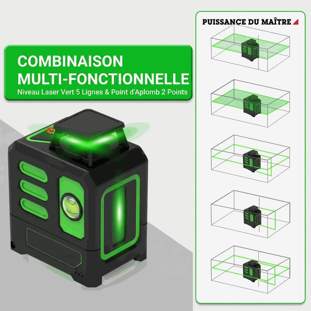 Niveau laser 5 lignes ultra-précis avec alarme et faisceaux visibles, léger, compact, portée 20m, accessoires offerts
