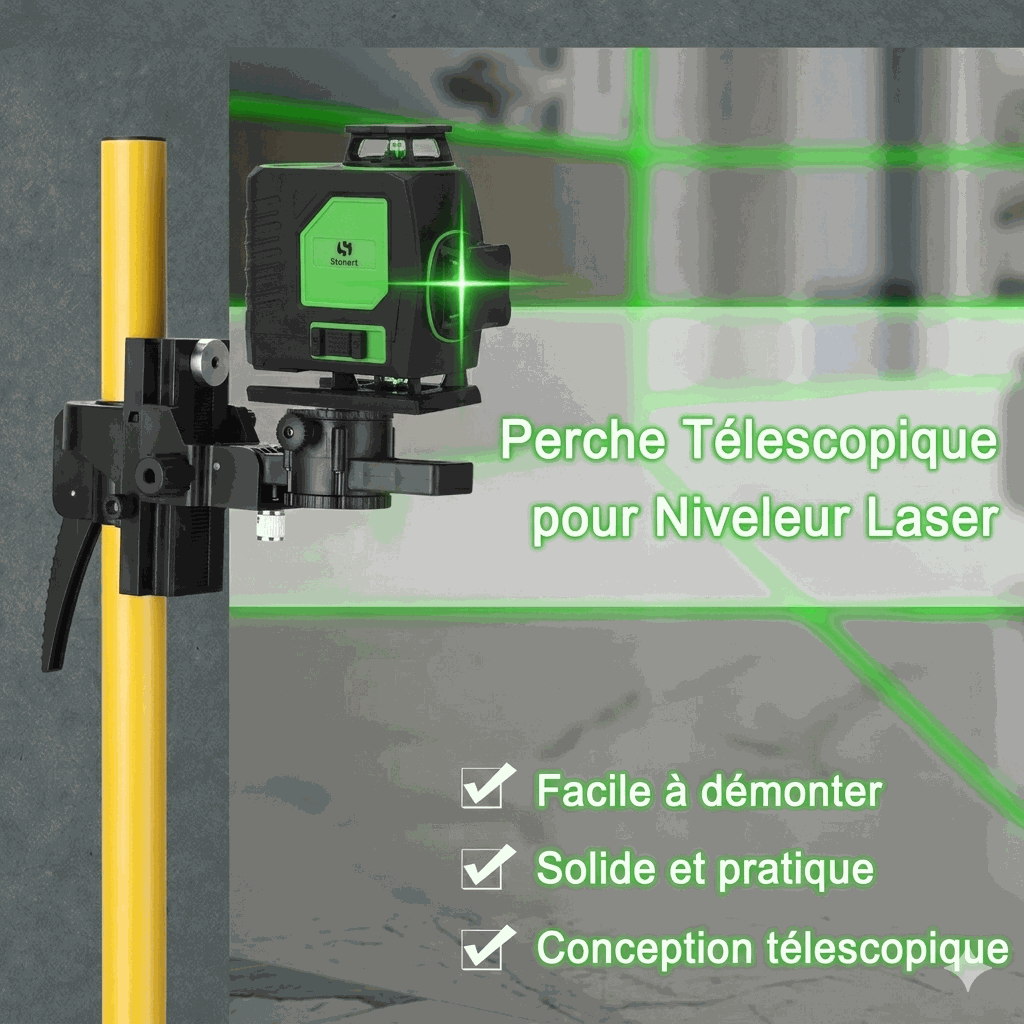 Porte-laser télescopique réglable de 0,75 à 4,2 m avec fixation antidérapante compatible lasers linéaires et rotatifs