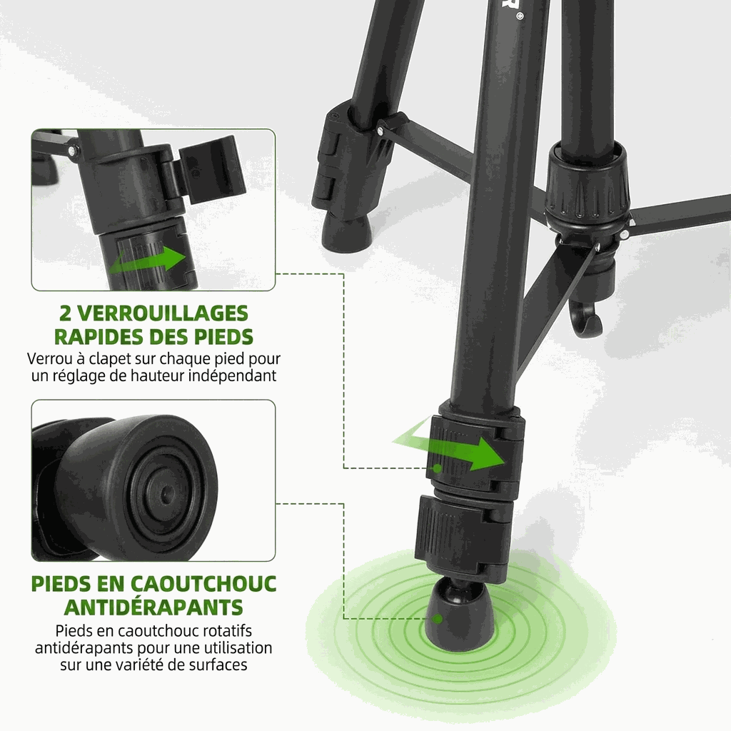 Trépied Stonert 151cm en aluminium avec rotation multi-angle et pieds antidérapants